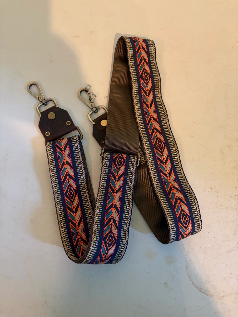 Woven Navy Crossbody Strap with Orange Geometric Trim camera or bag strap